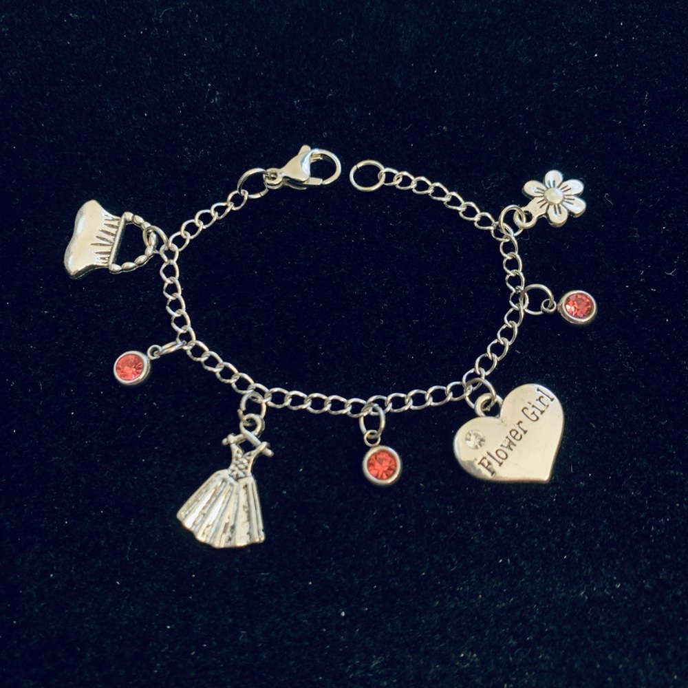 Flower Girl Charm Bracelet with pink rhinestone charms